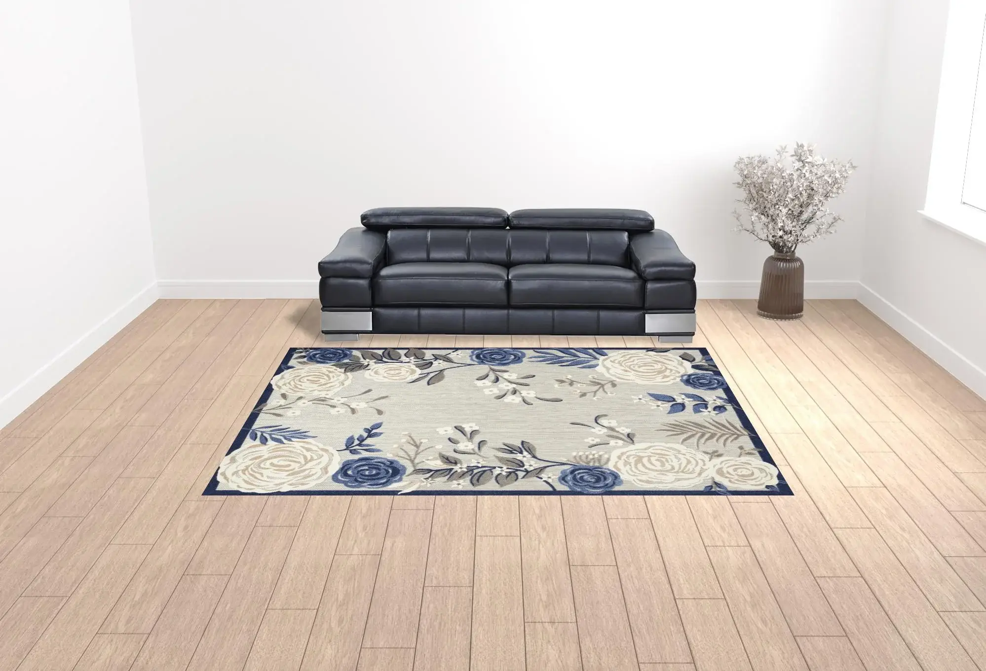 9' X 12' Blue And Grey Floral Stain Resistant Non Skid Area Rug - Image 2