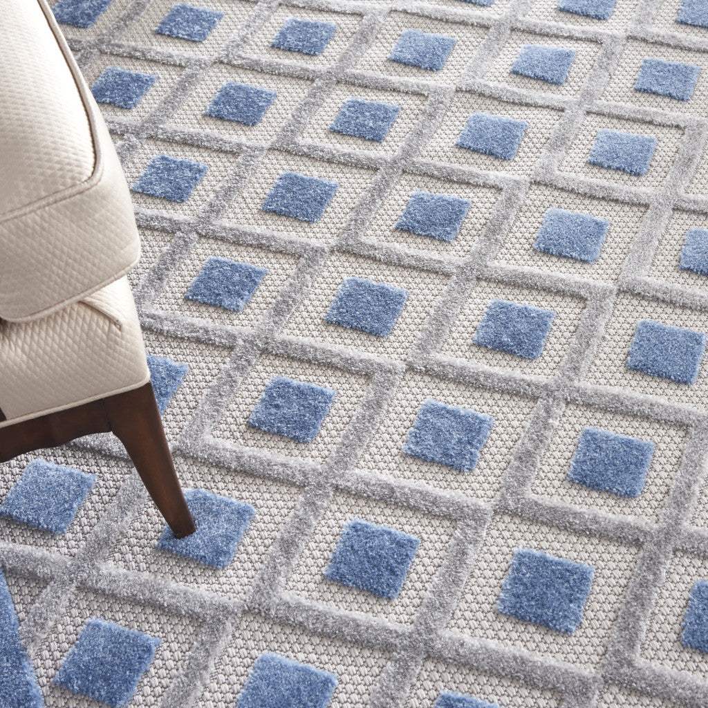 9' X 12' Blue And Grey Gingham Non Skid Indoor Outdoor Area Rug - Image 7