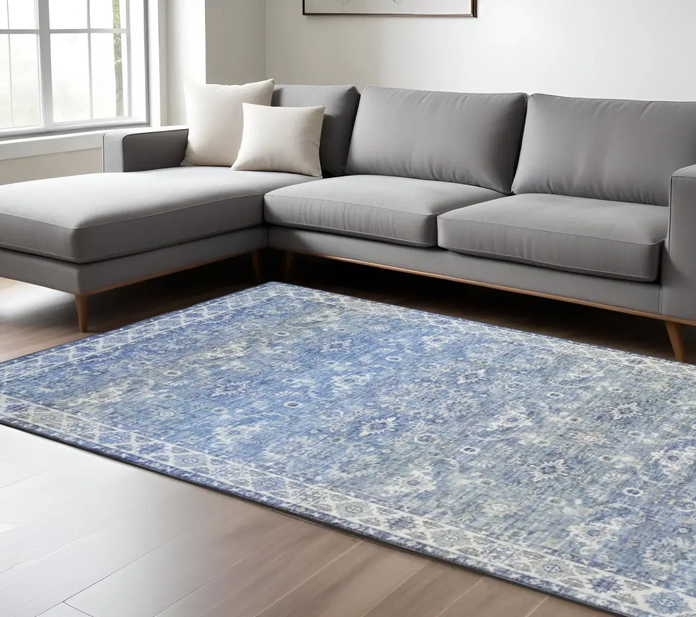 9' X 12' Blue And Grey Oriental Power Loom Stain Resistant Area Rug