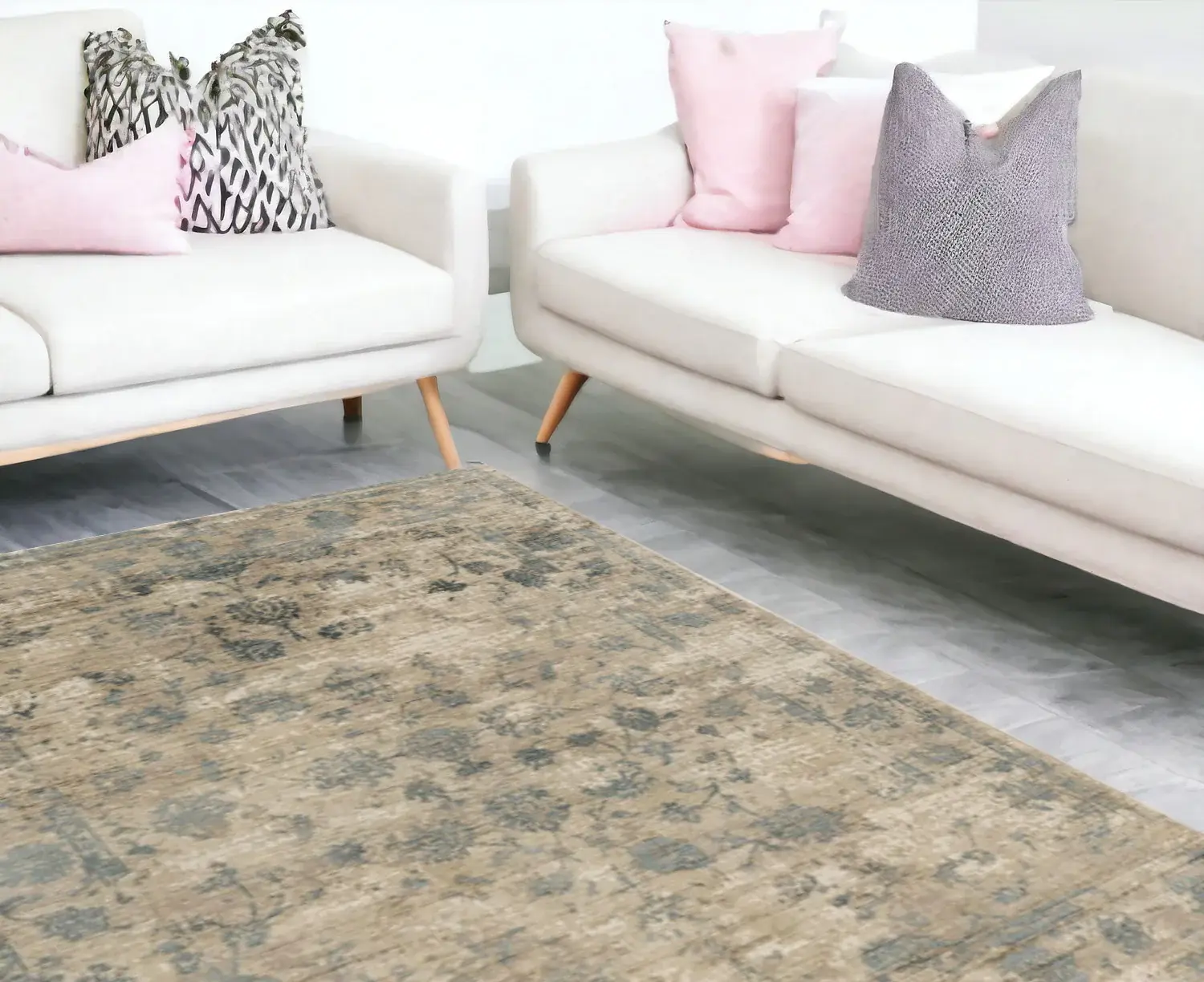 9' X 12' Blue Floral Vines Hand Loomed Distressed Area Rug