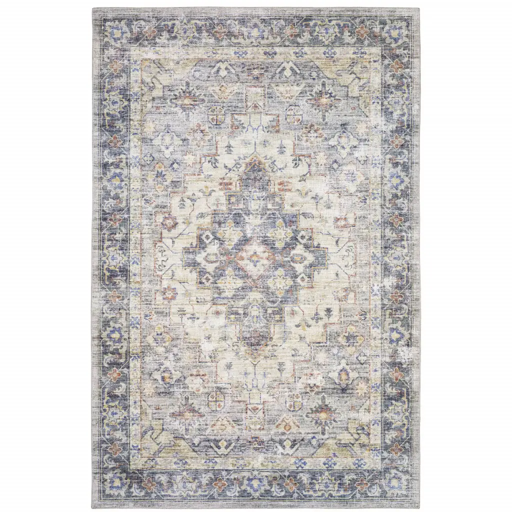 9' X 12' Blue Gold Grey Orange Yellow And Purple Oriental Power Loom Stain Resistant Area Rug - Image 2