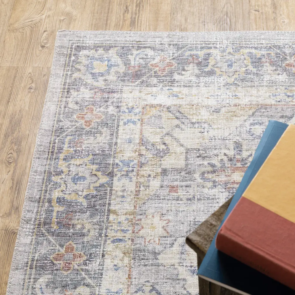 9' X 12' Blue Gold Grey Orange Yellow And Purple Oriental Power Loom Stain Resistant Area Rug - Image 7