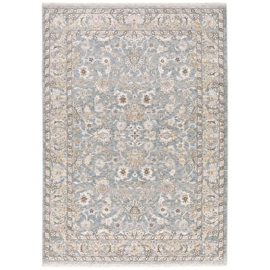 9' X 12' Blue Ivory Machine Woven Floral Oriental Indoor Area Rug