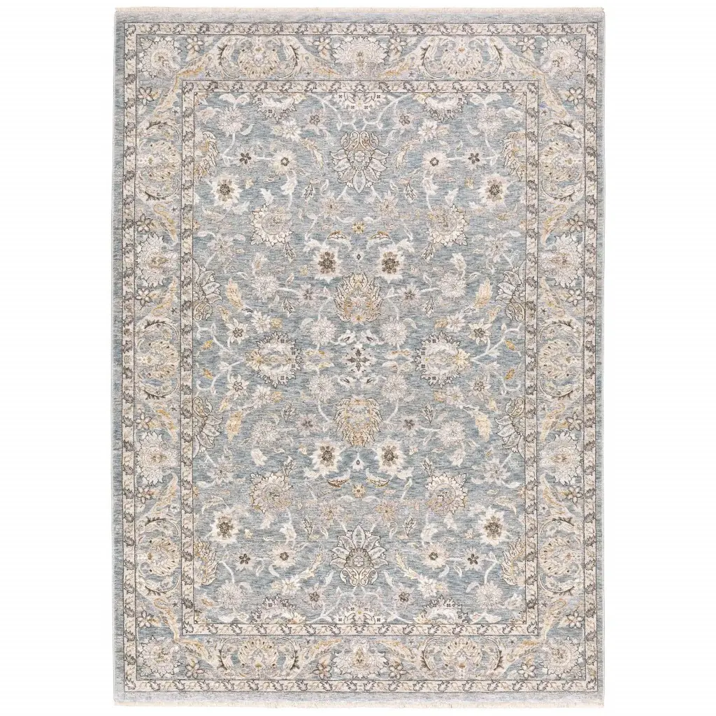 9' X 12' Blue Ivory Machine Woven Floral Oriental Indoor Area Rug - Image 3