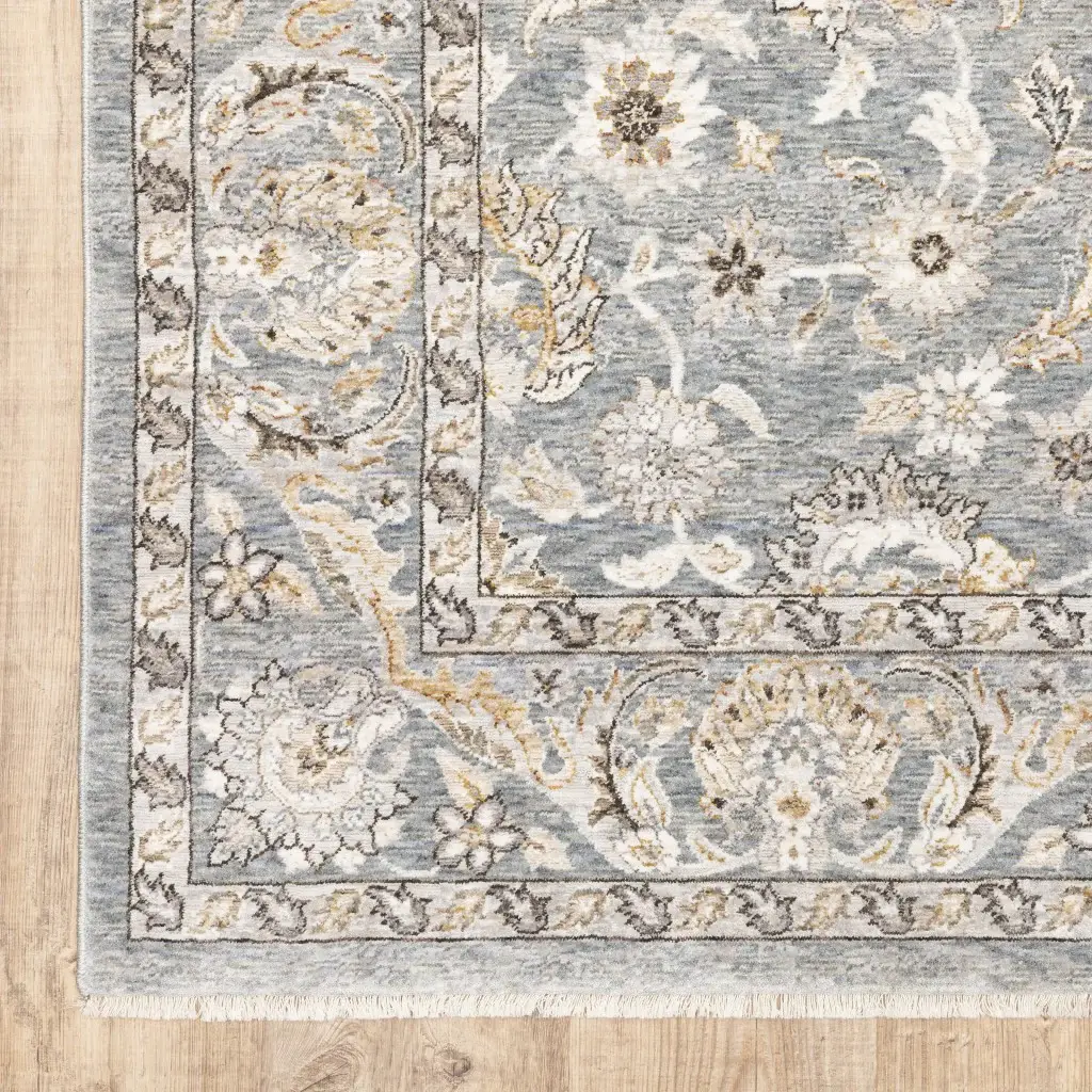 9' X 12' Blue Ivory Machine Woven Floral Oriental Indoor Area Rug - Image 5
