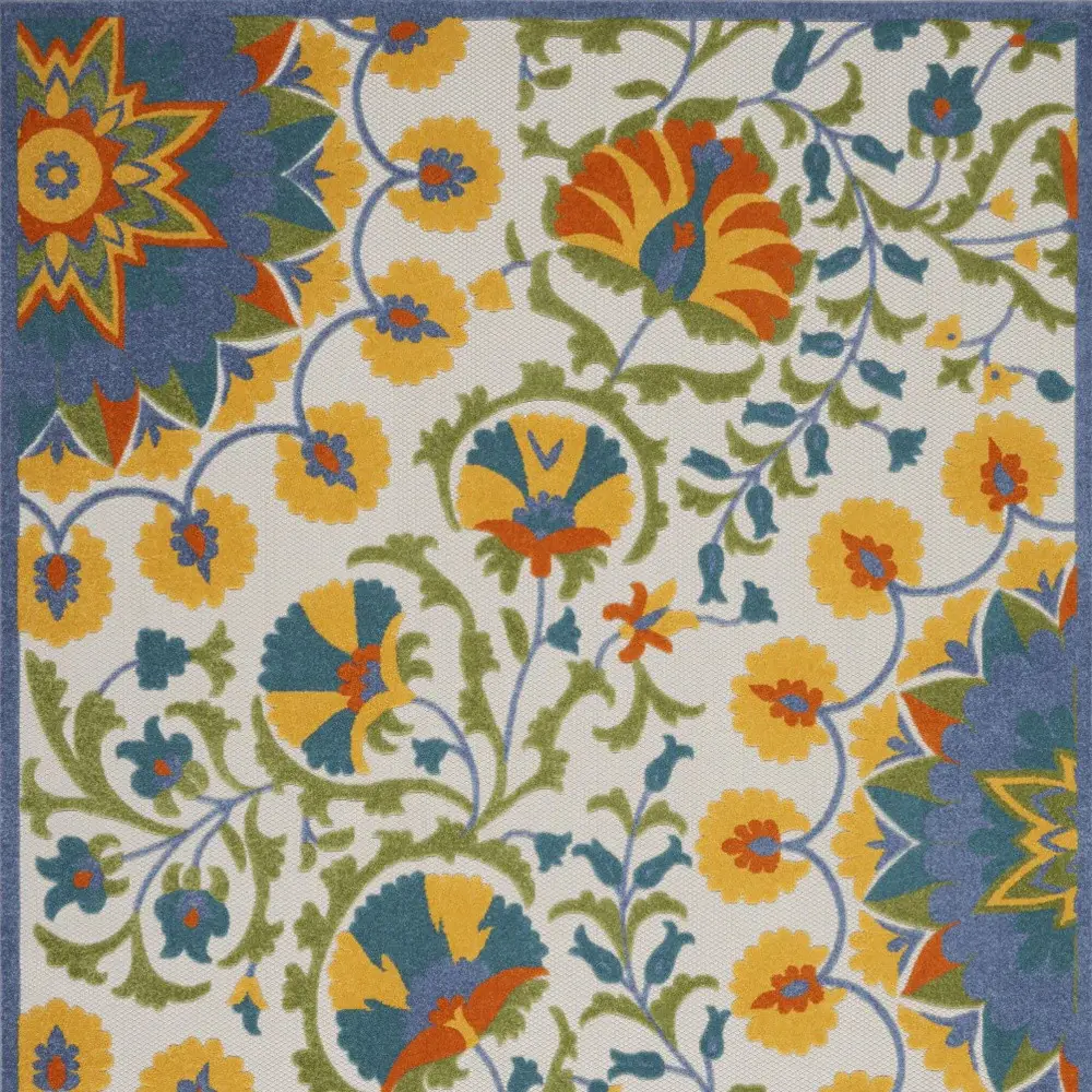 9' X 12' Blue Yellow And White Toile Non Skid Indoor Outdoor Area Rug - Image 2