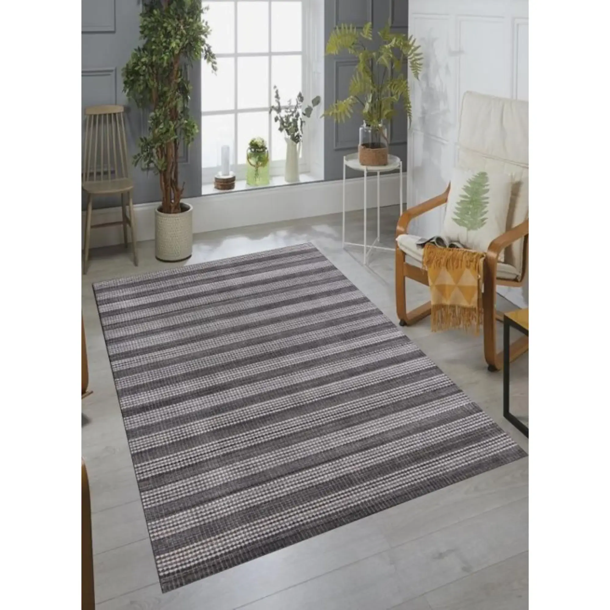 9' X 12' Dark Grey And White Striped Hand Loomed Area Rug - Image 4
