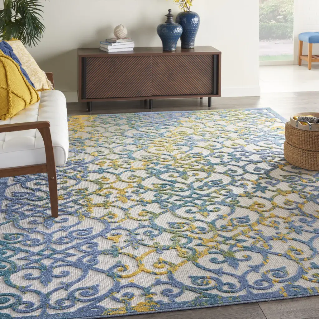 9' X 12' Ivory And Blue Damask Non Skid Indoor Outdoor Area Rug - Image 9