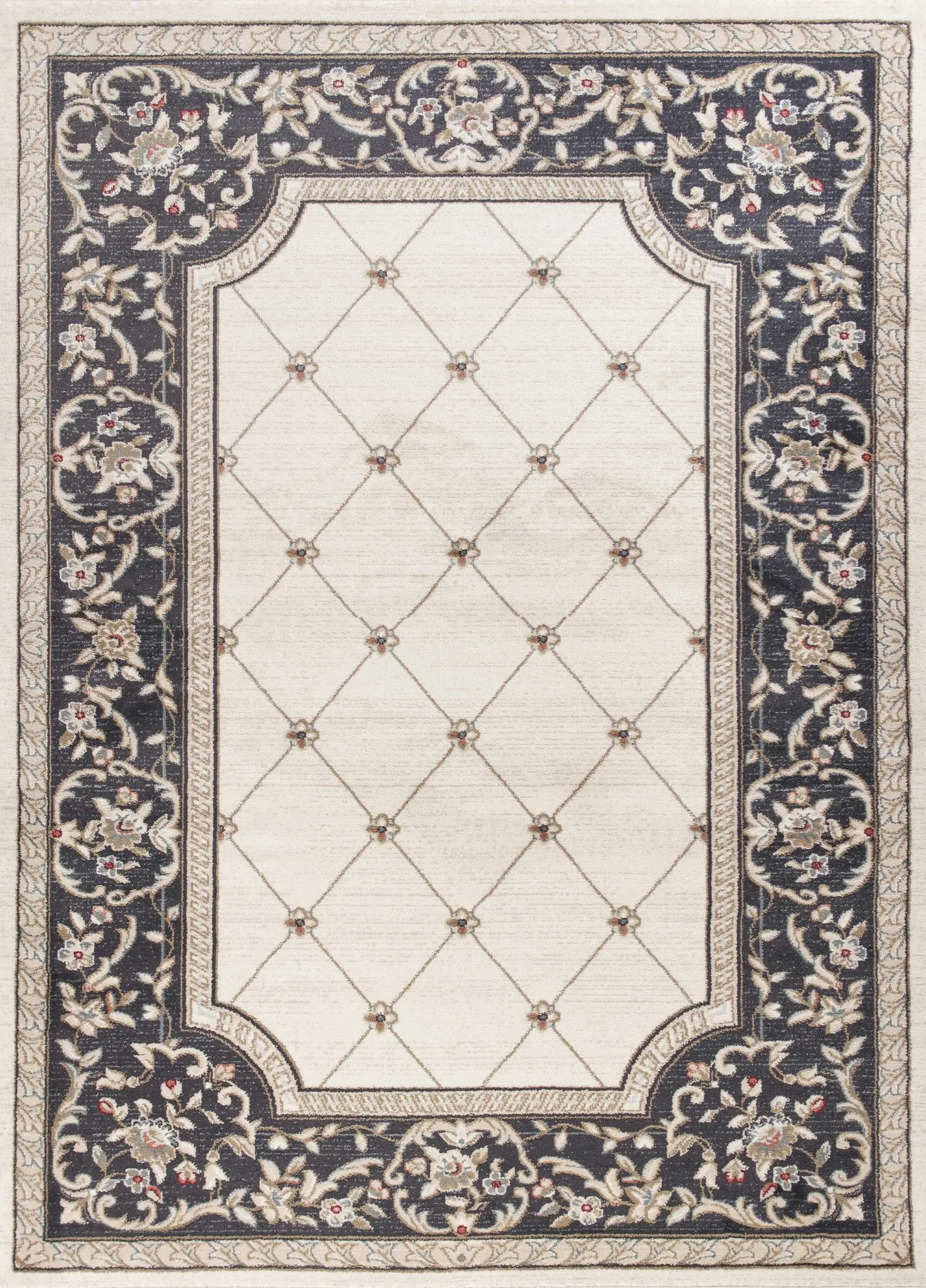 9' X 12' Ivory Grey Bordered Floral Indoor Area Rug