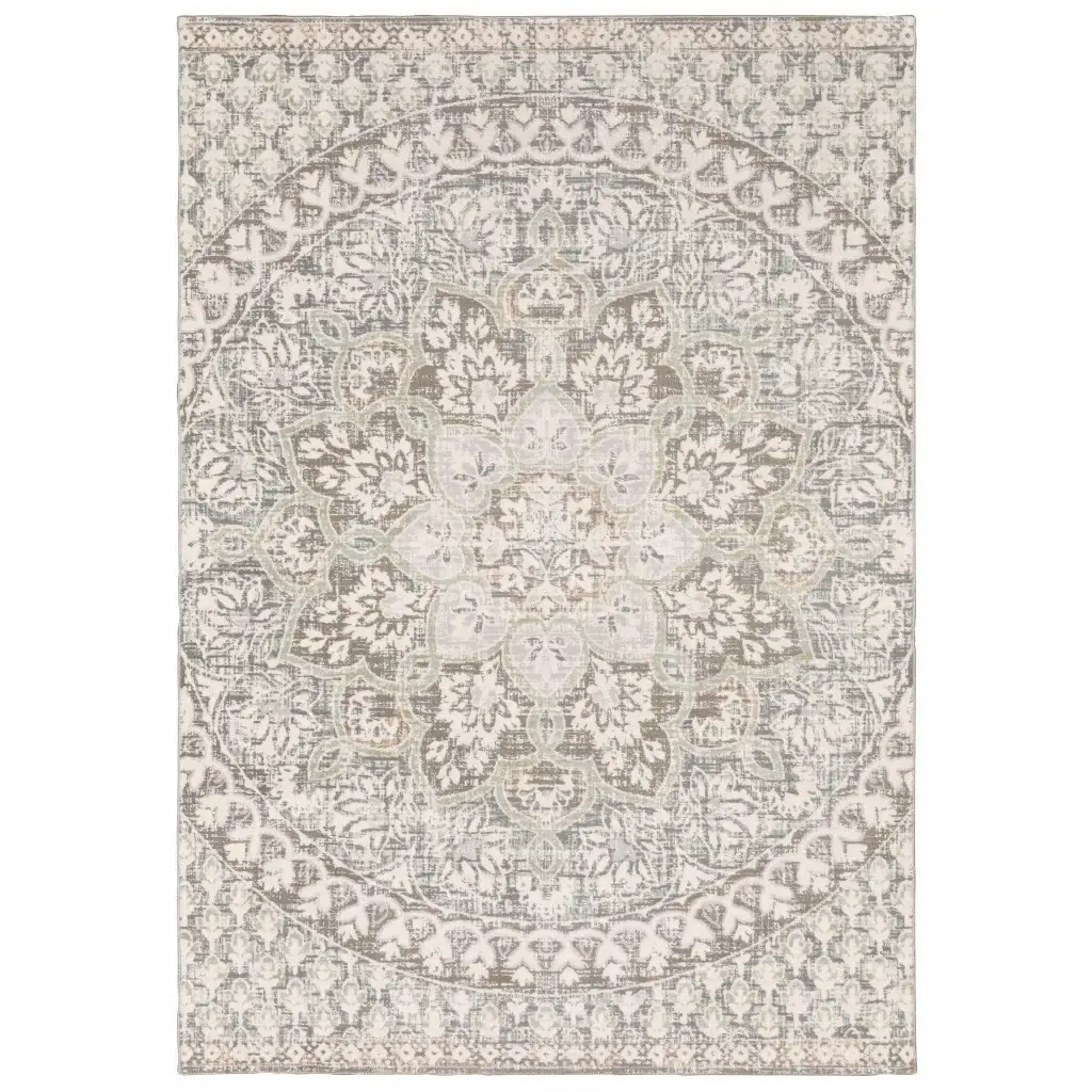 9' X 12' Ivory Grey Distresed Oversize Medallion Indoor Area Rug - Image 3