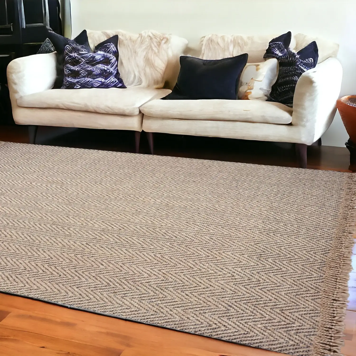 9' X 12' Oatmeal Beige Hand Woven Herringbone With Braided Fringe Indoor Area Rug - Image 2