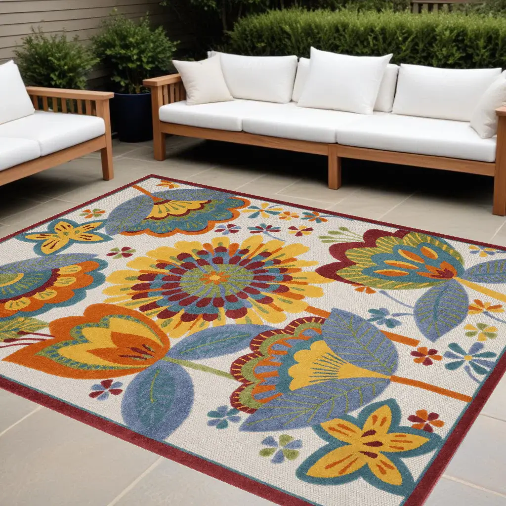 9' X 12' White Yellow And Blue Floral Non Skid Indoor Outdoor Area Rug - Image 2