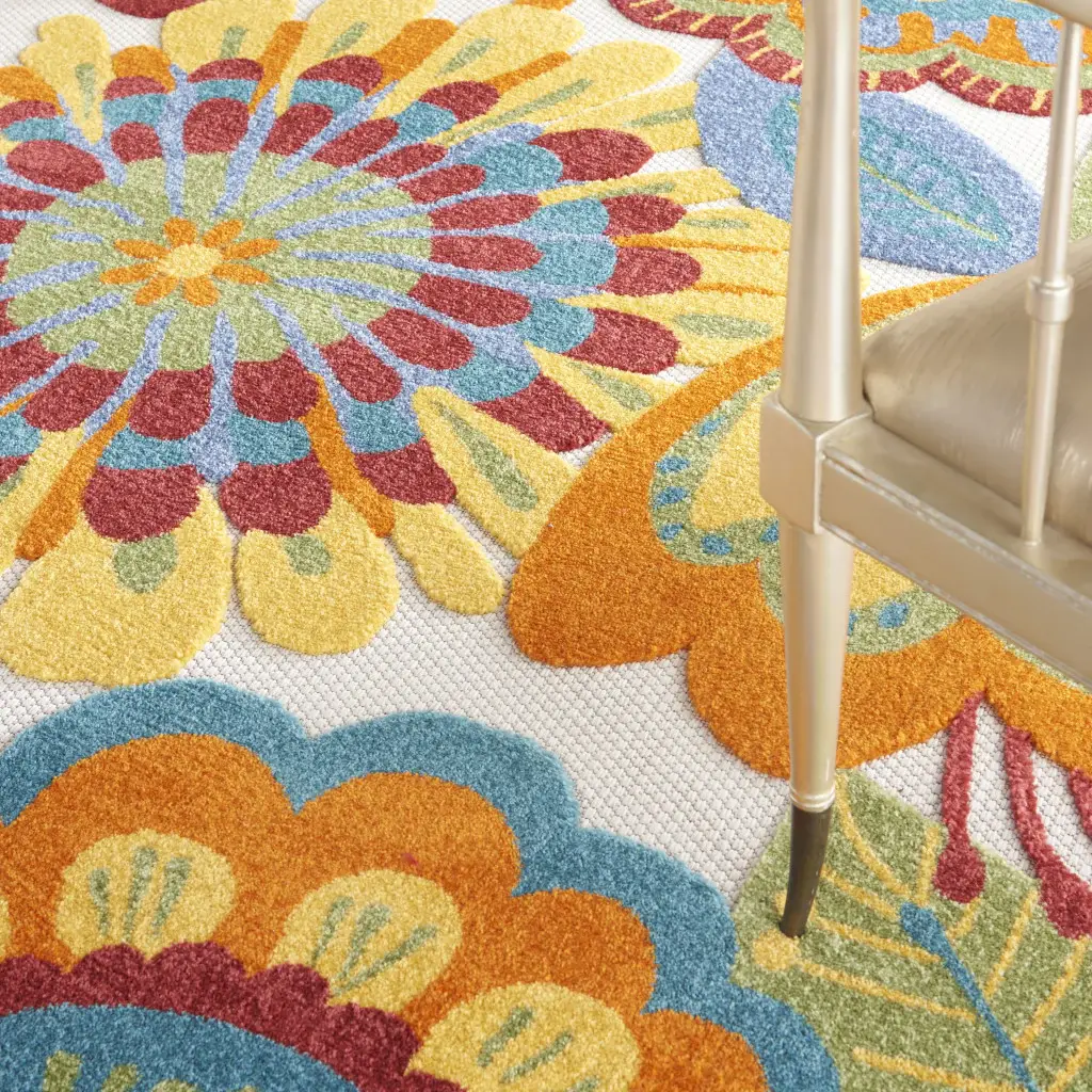 9' X 12' White Yellow And Blue Floral Non Skid Indoor Outdoor Area Rug - Image 9