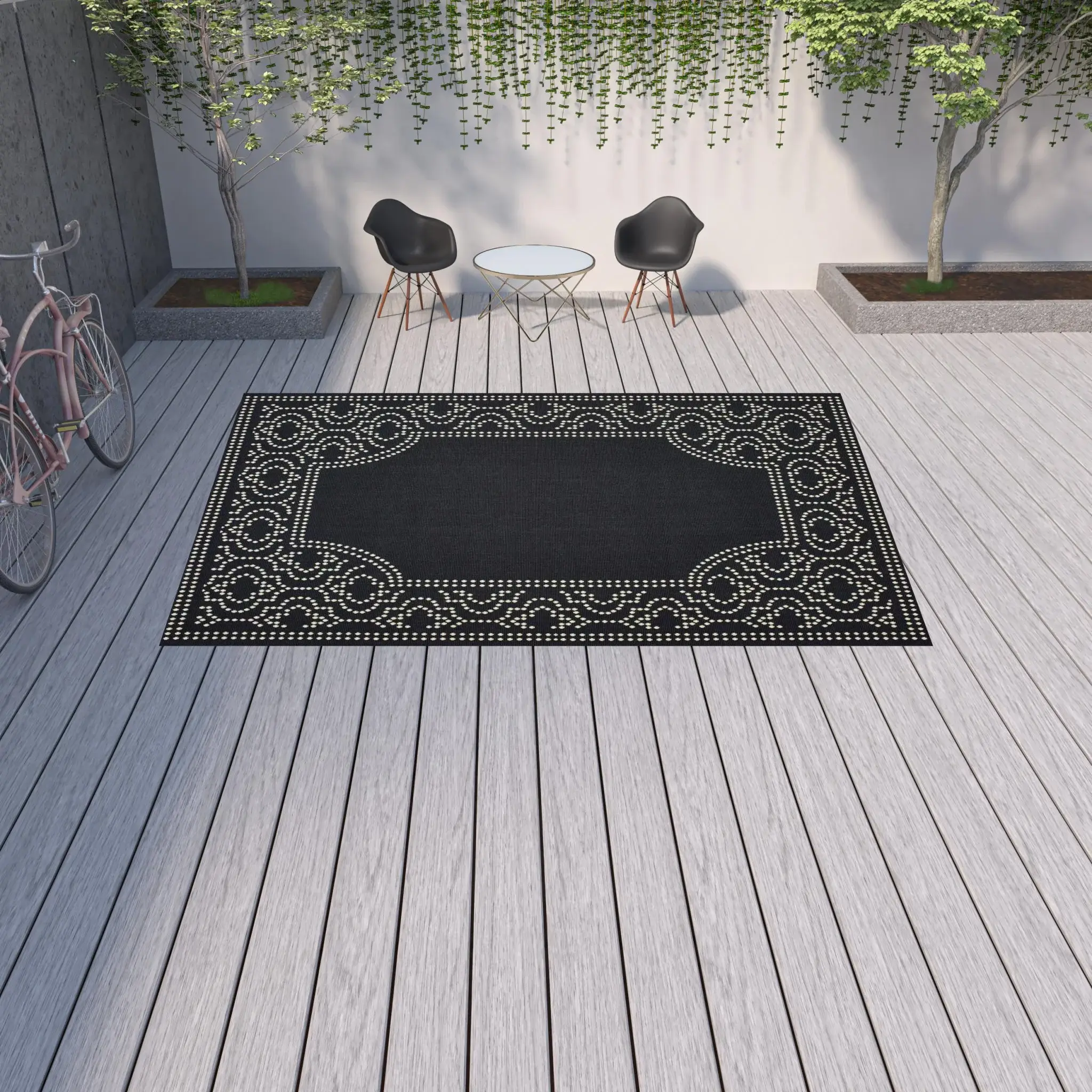9' X 13' Black and Ivory Stain Resistant Indoor Outdoor Area Rug - Image 2