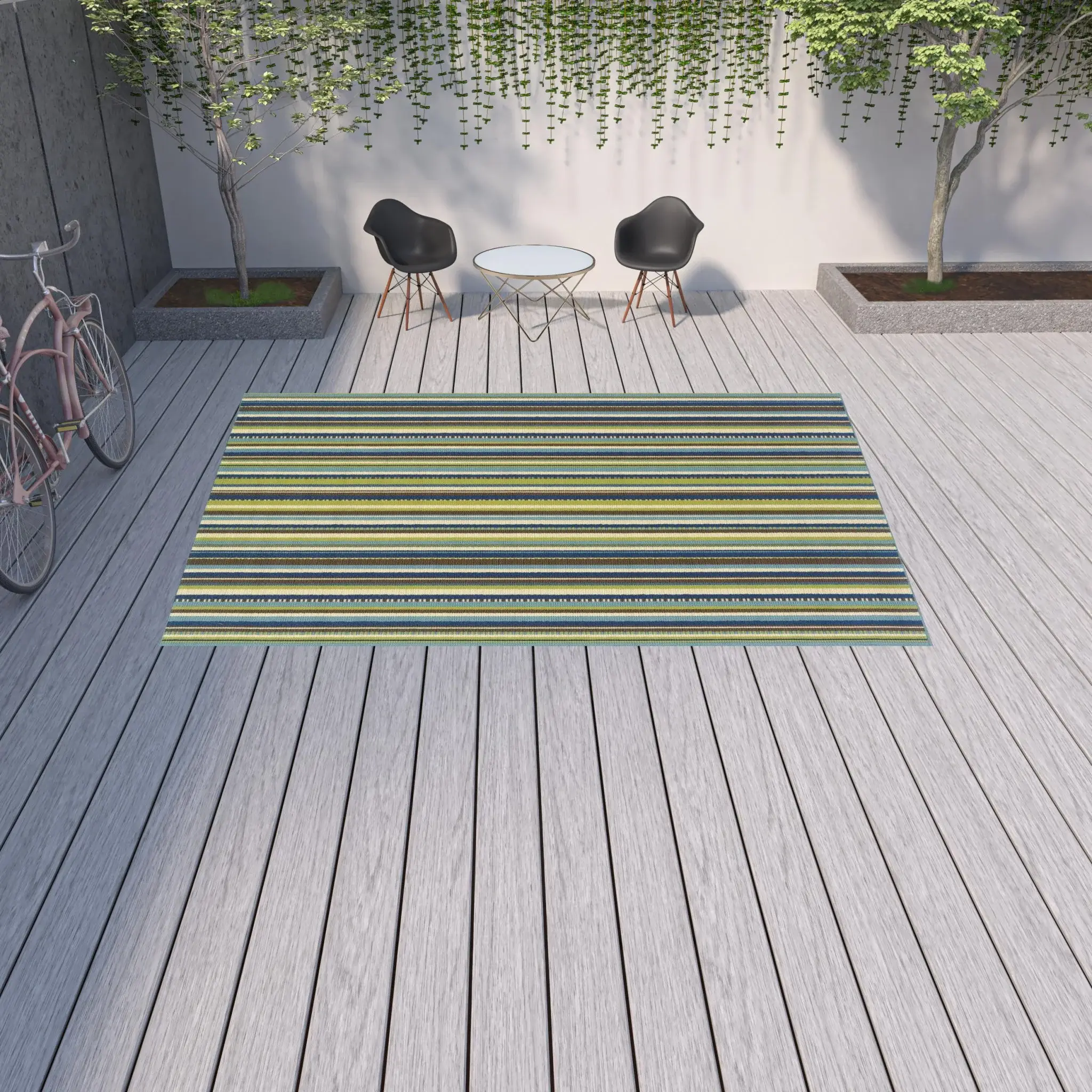 9' X 13' Blue and Green Striped Stain Resistant Indoor Outdoor Area Rug - Image 2