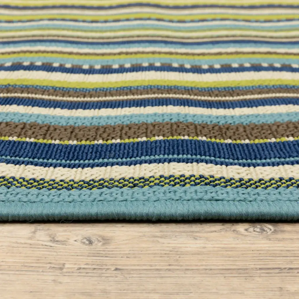 9' X 13' Blue and Green Striped Stain Resistant Indoor Outdoor Area Rug - Image 3