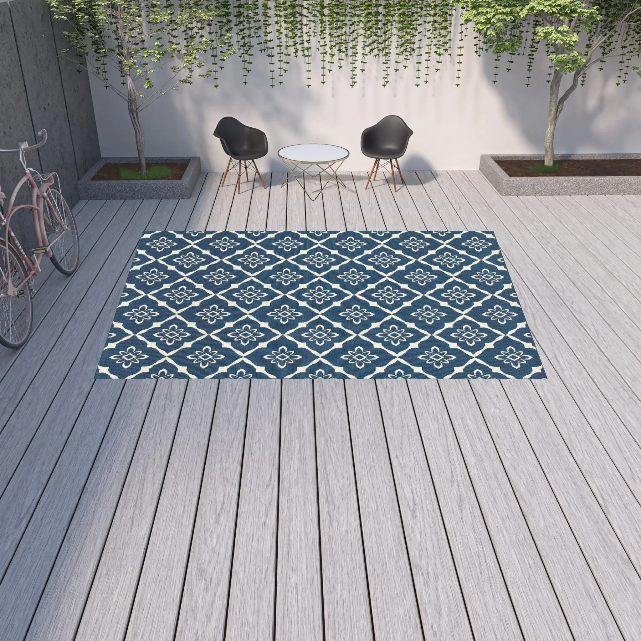 9' X 13' Blue and Ivory Floral Stain Resistant Indoor Outdoor Area Rug - Image 2