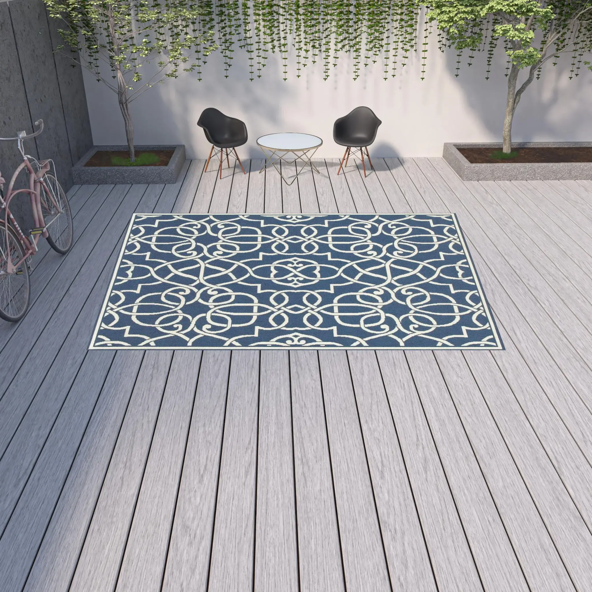 9' X 13' Blue and Ivory Geometric Stain Resistant Indoor Outdoor Area Rug - Image 2