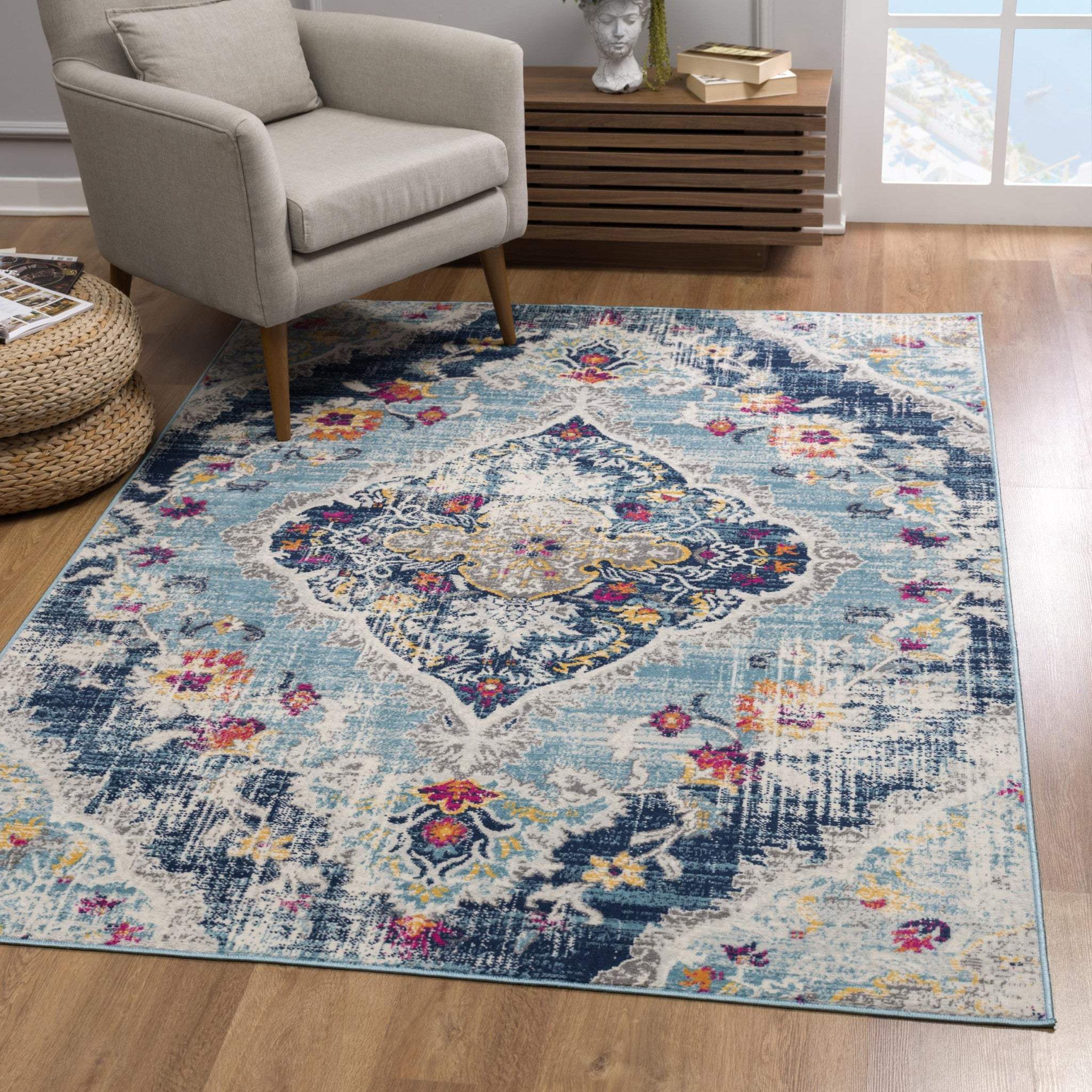 9' X 13' Blue Distressed Medallion Area Rug - Image 6