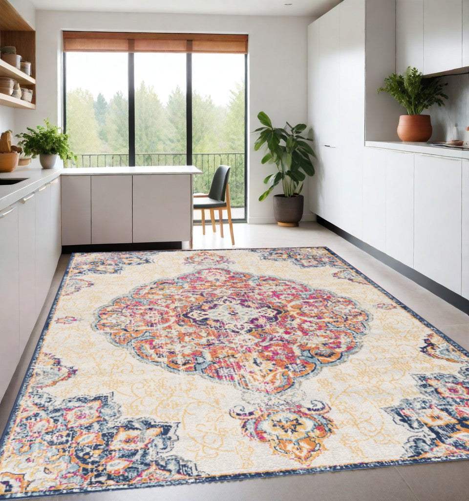 9' X 13' Cream Decorative Medallion Area Rug
