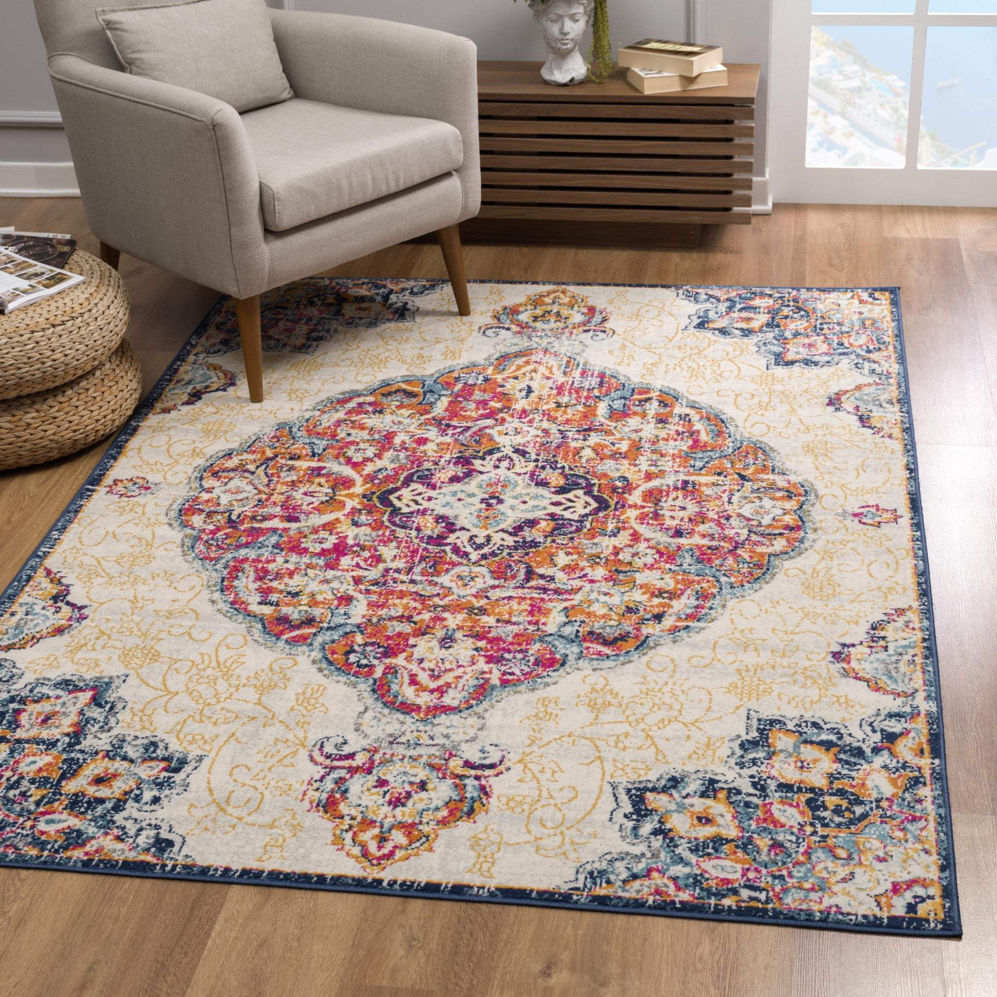 9' X 13' Cream Decorative Medallion Area Rug - Image 6