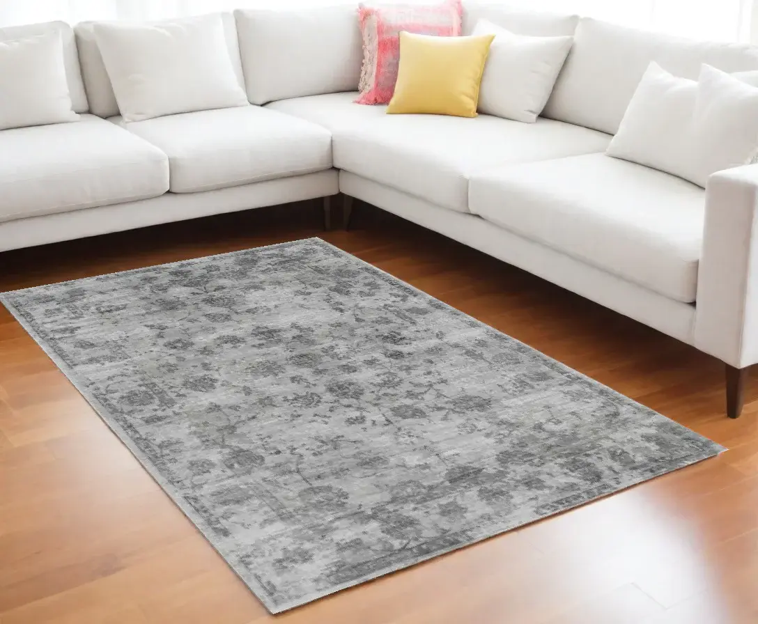 9' X 13' Gray Floral Vines Hand Loomed Distressed Area Rug