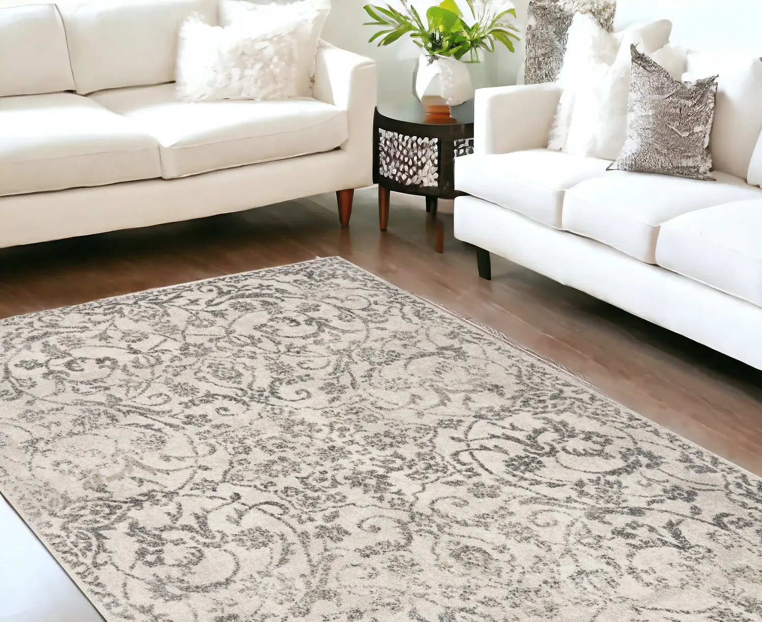 9' X 13' Ivory Machine Woven Distressed Floral Vines Indoor Area Rug