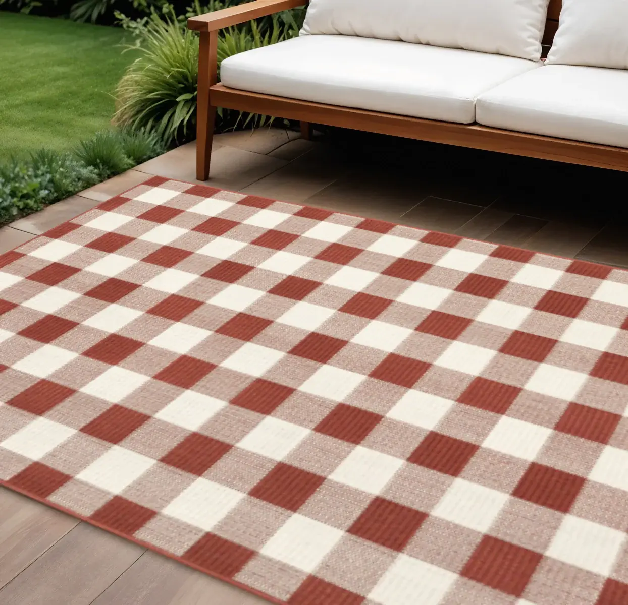 9' X 13' Red and Ivory Geometric Stain Resistant Indoor Outdoor Area Rug