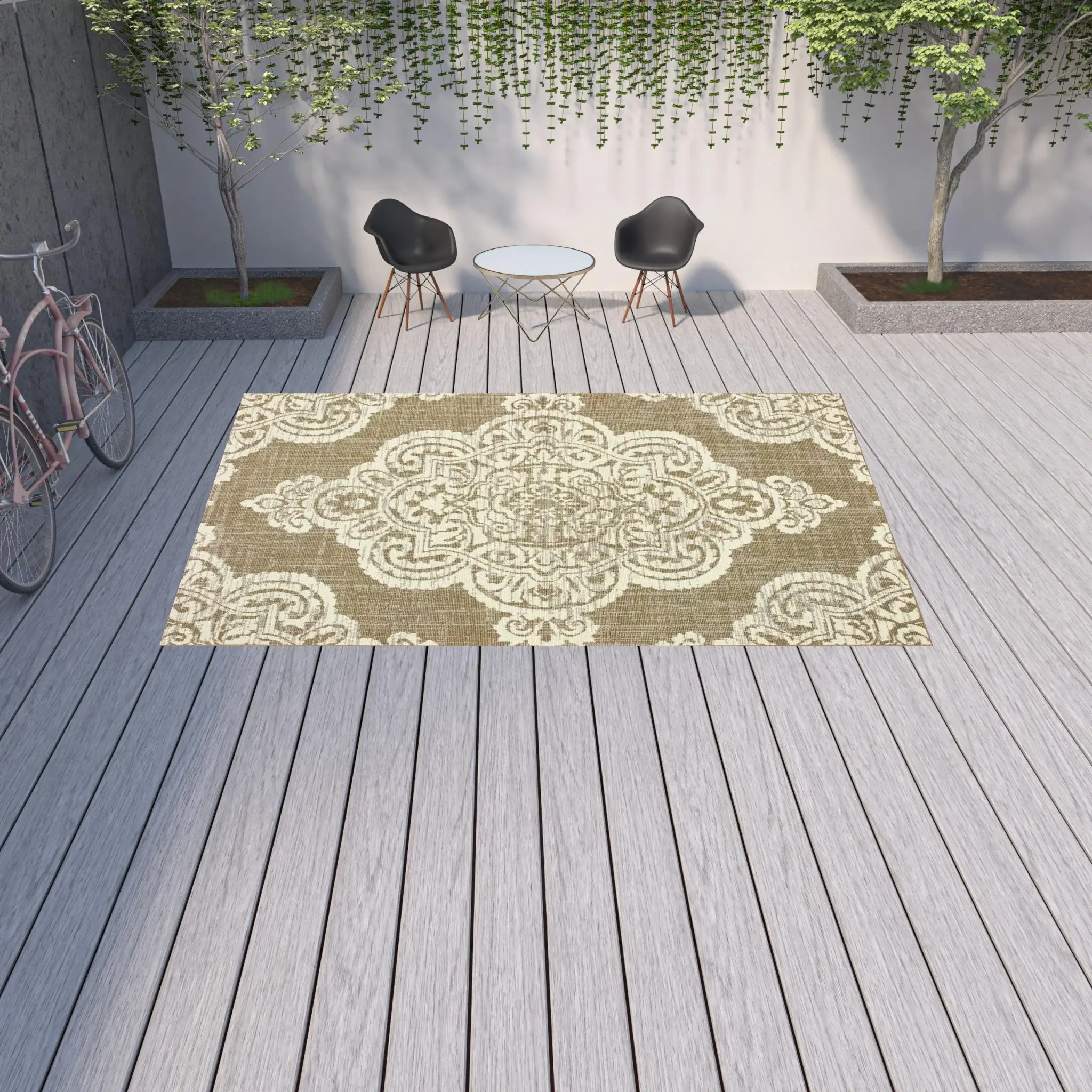 9' X 13' Tan Oriental Stain Resistant Indoor Outdoor Area Rug - Image 2