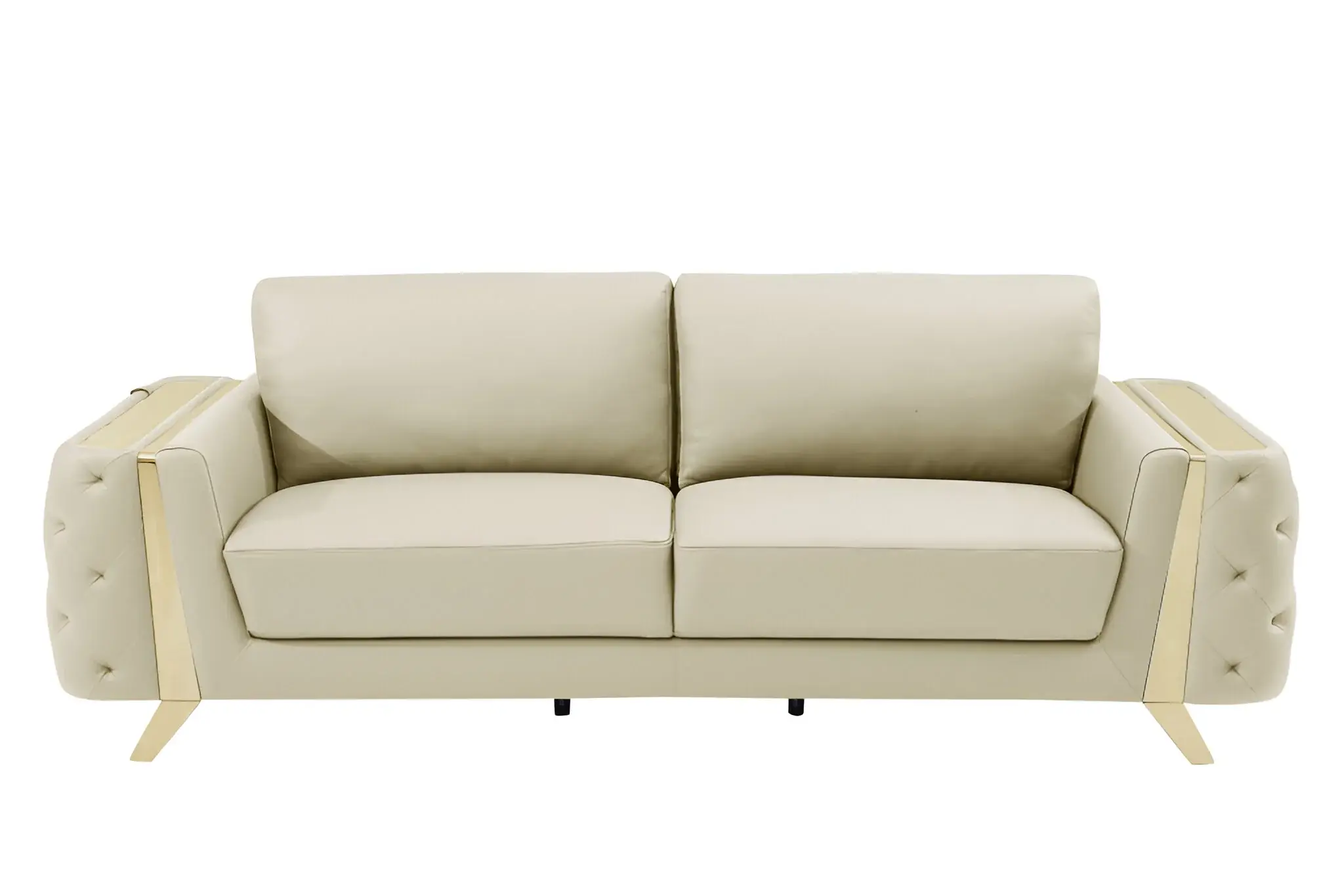 90" Beige Italian Leather Sofa With Gold Legs - Image 2