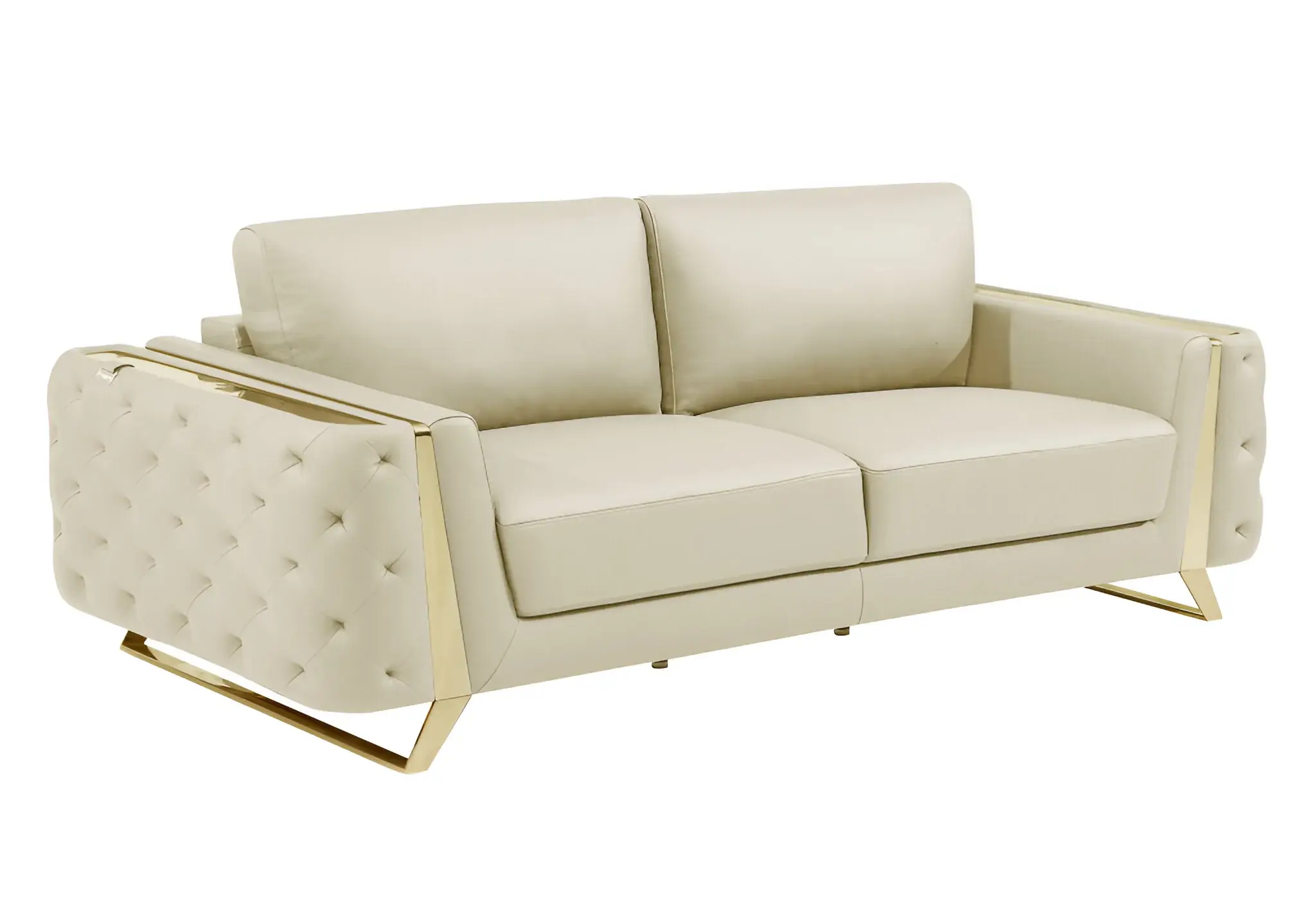 90" Beige Italian Leather Sofa With Gold Legs - Image 3