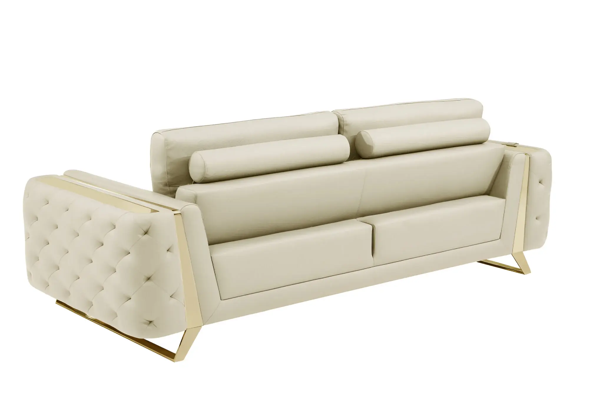 90" Beige Italian Leather Sofa With Gold Legs - Image 4