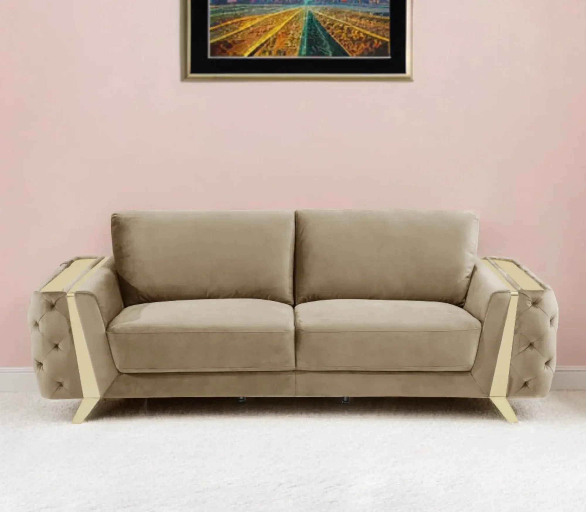 90" Beige Velvet Sofa With Gold Legs - Image 2