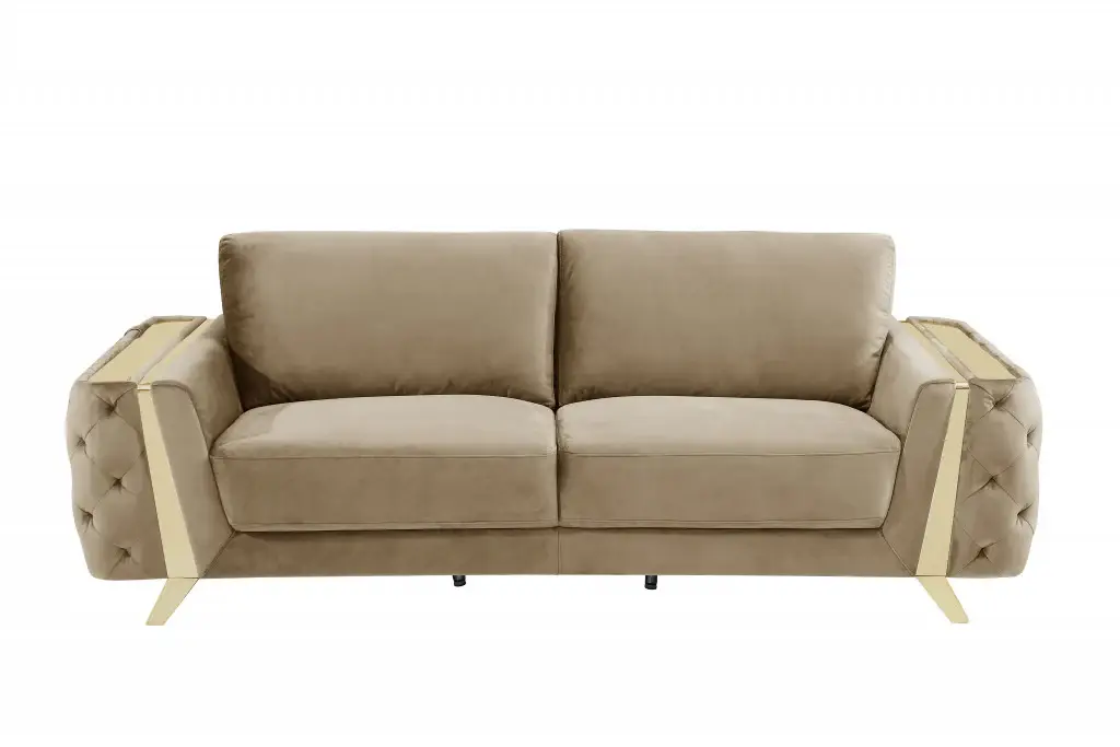 90" Beige Velvet Sofa With Gold Legs - Image 3