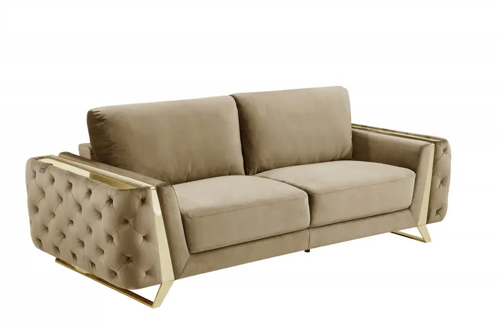 90" Beige Velvet Sofa With Gold Legs - Image 4