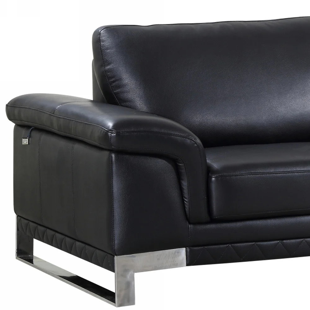 90" Black Italian Leather Sofa With Silver Legs - Image 3