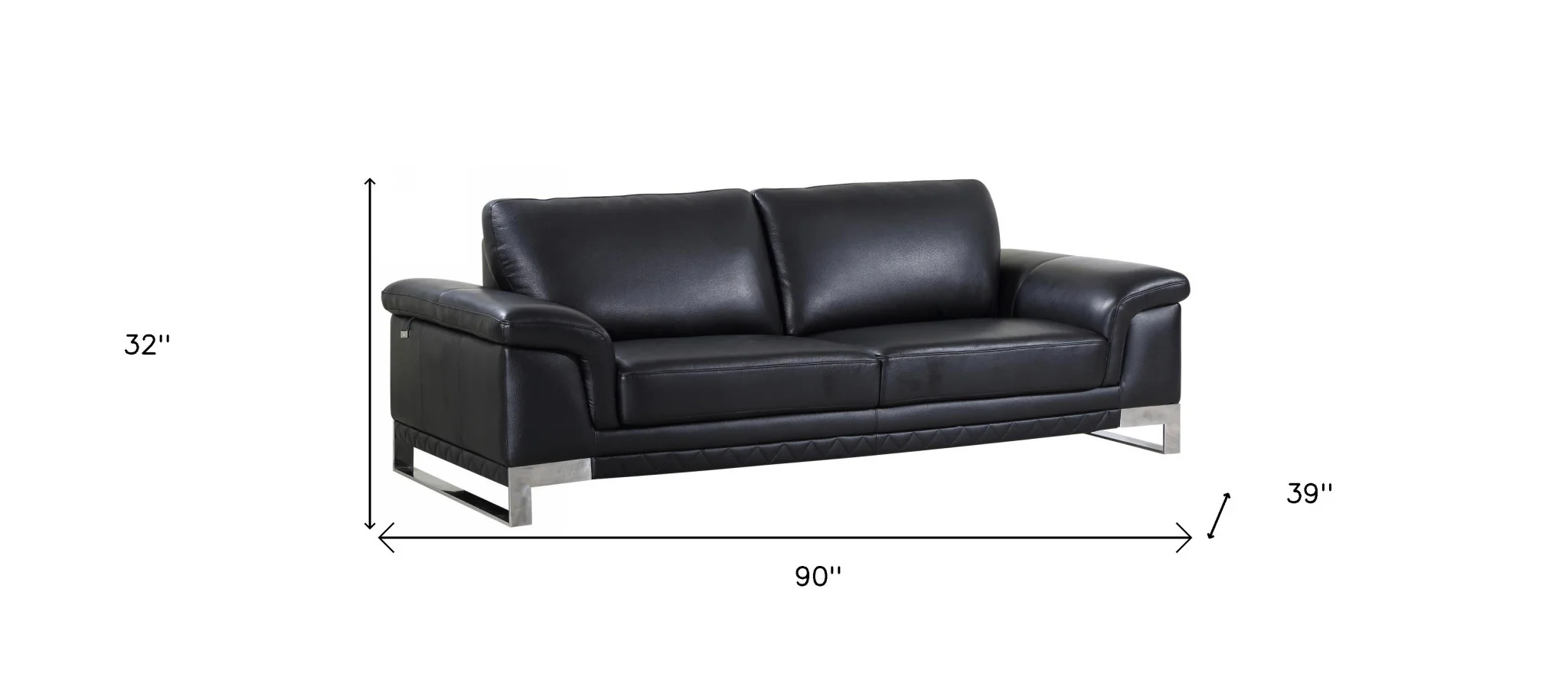 90" Black Italian Leather Sofa With Silver Legs - Image 5
