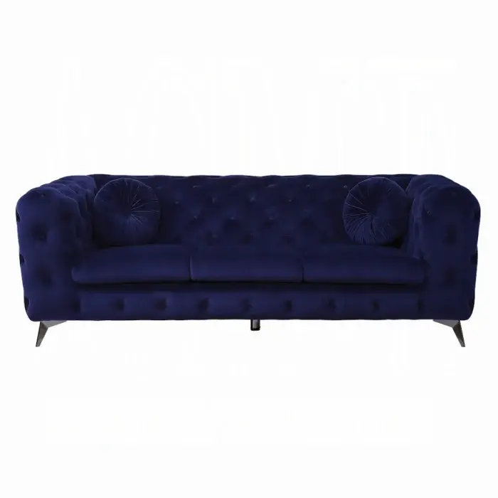 90" Blue Velvet Chesterfield Sofa With Silver Legs - Image 2
