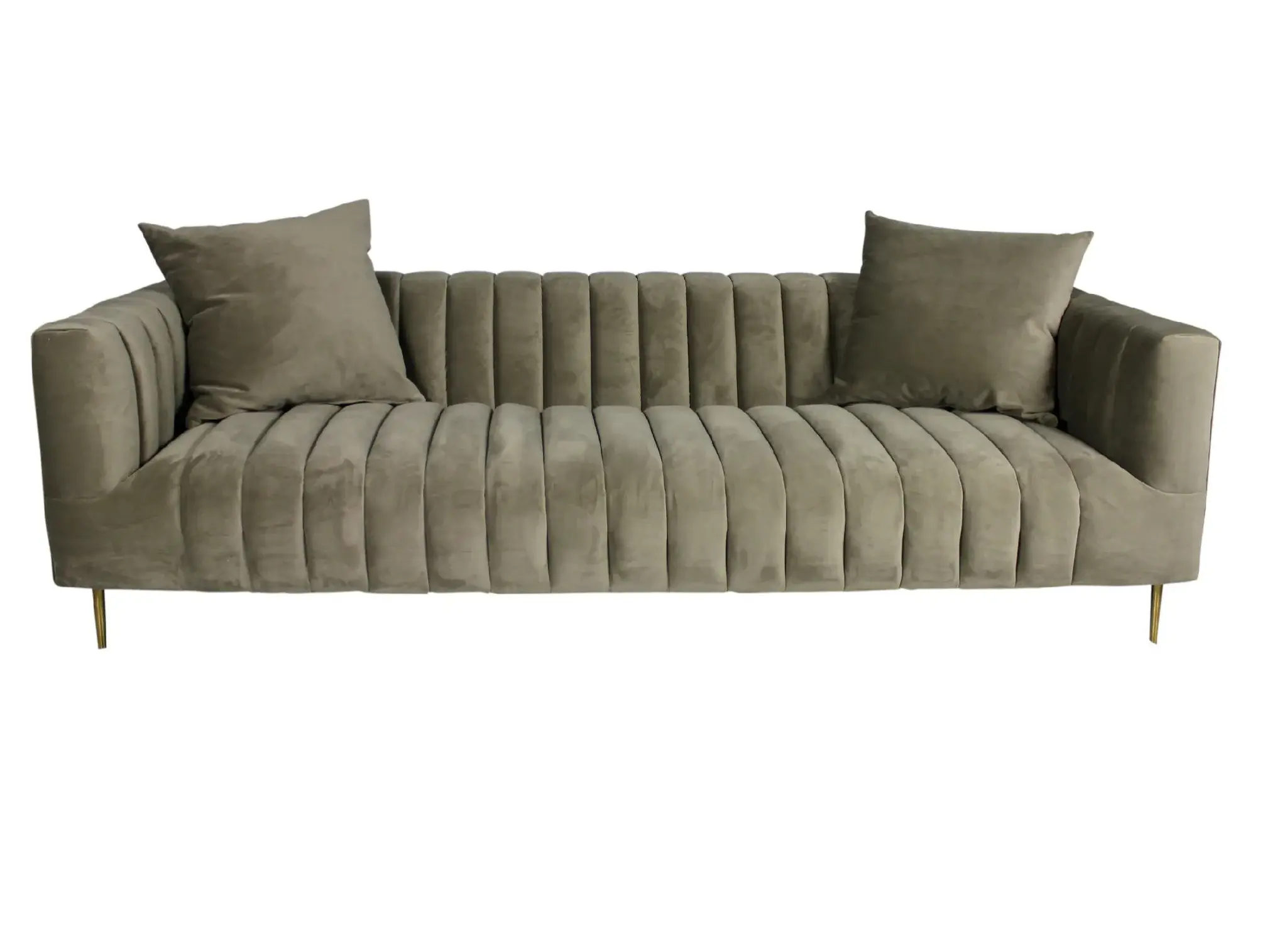 90" Gray Brown Velvet Sofa And Toss Pillows With Gold Legs - Image 2