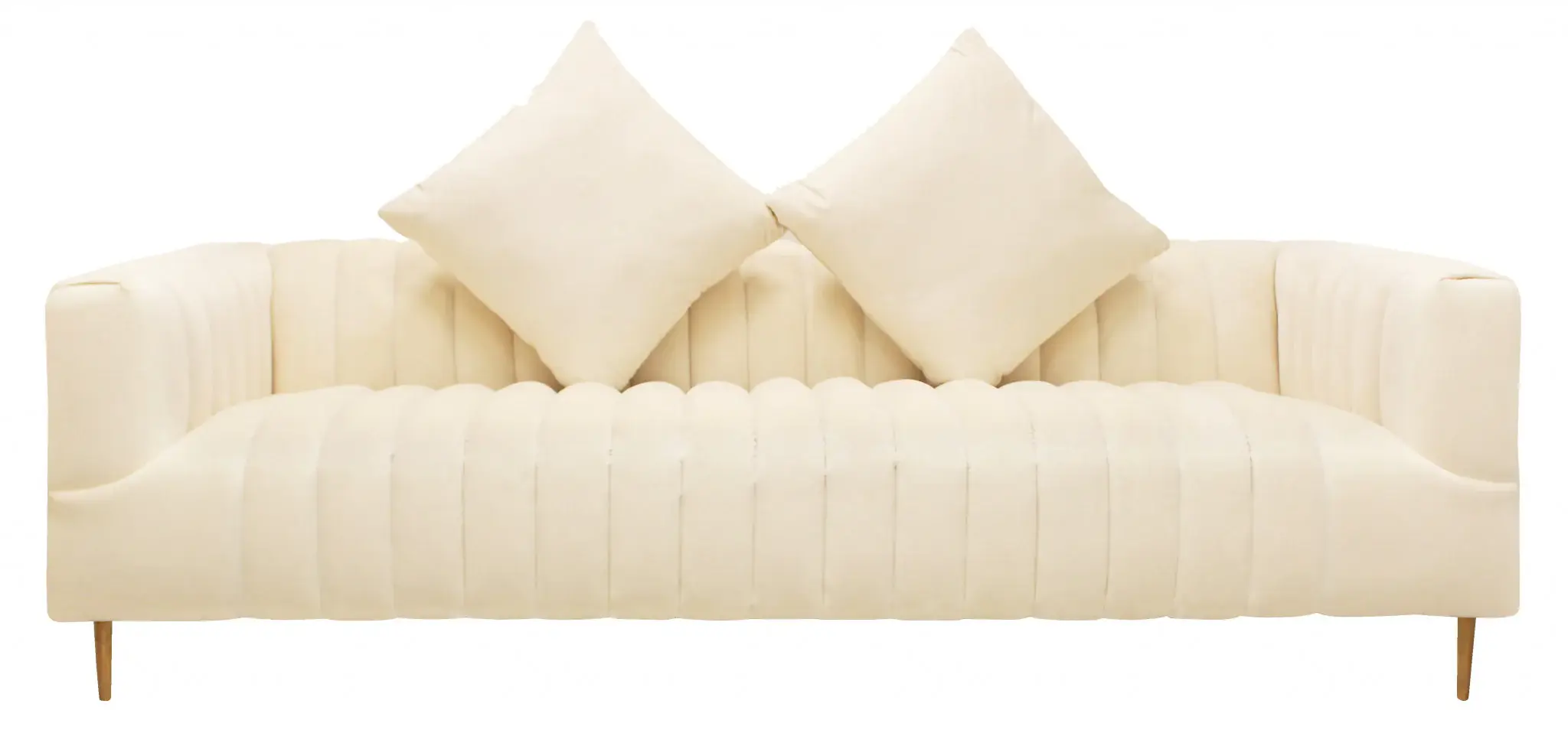 90" Ivory Velvet Sofa And Toss Pillows With Gold Legs - Image 2