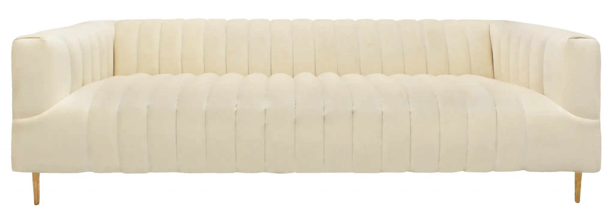90" Ivory Velvet Sofa And Toss Pillows With Gold Legs - Image 3