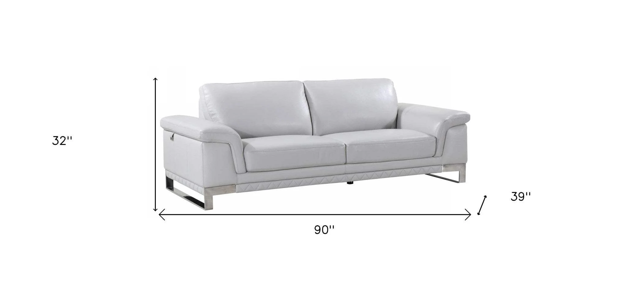 90" Light Gray Italian Leather Sofa With Silver Legs - Image 5