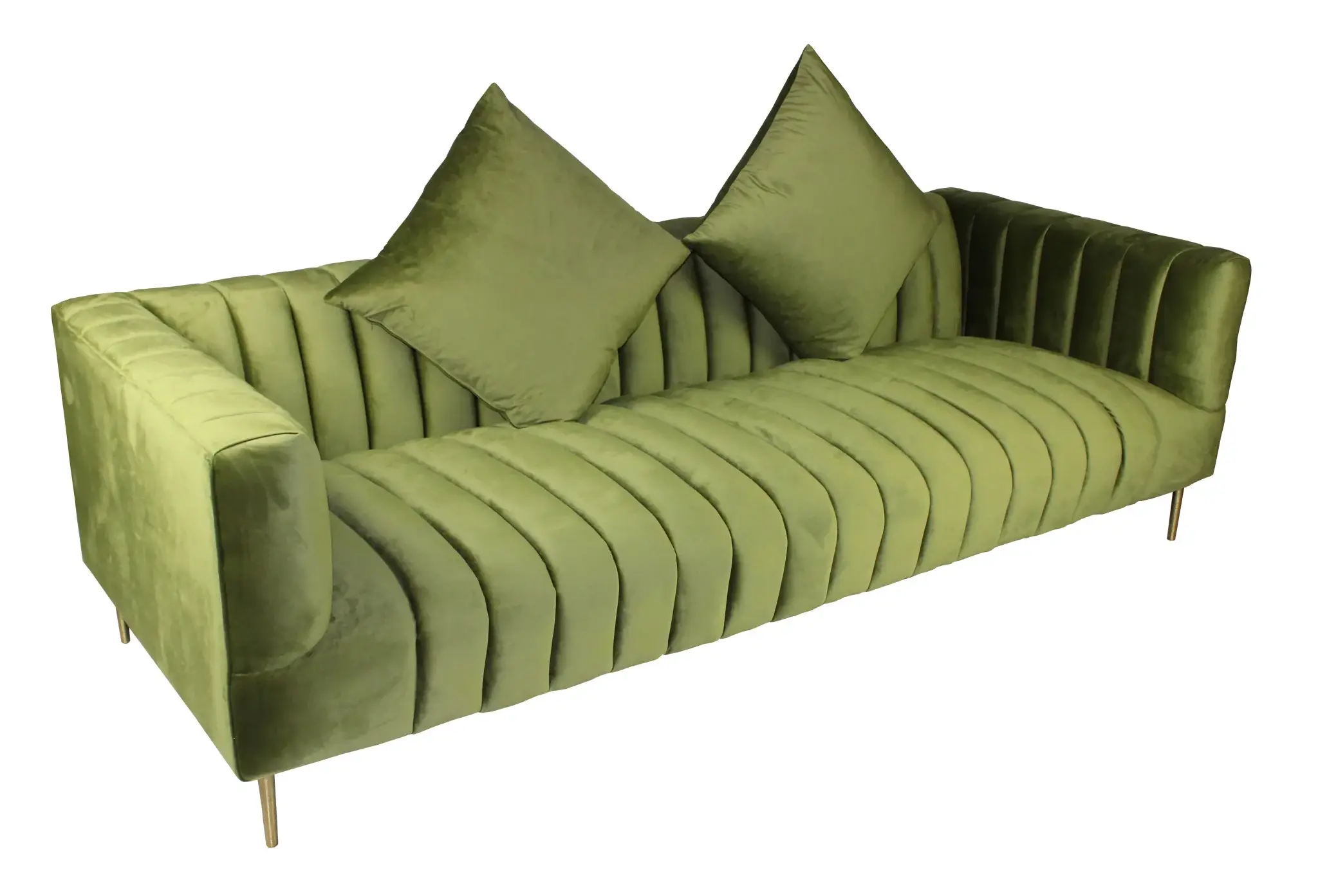 90" Olive Green Velvet Sofa And Toss Pillows With Gold Legs - Image 3