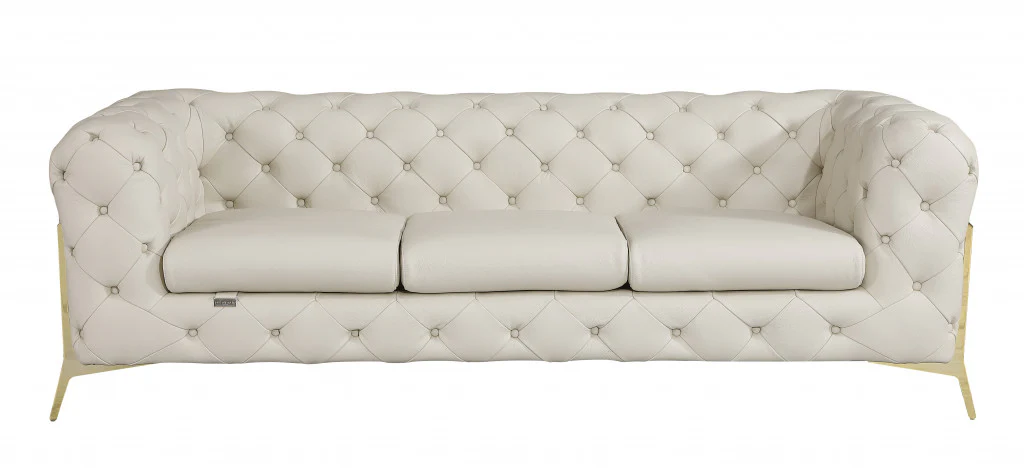 93" Beige Italian Leather Chesterfield Sofa With Silver Legs - Image 2