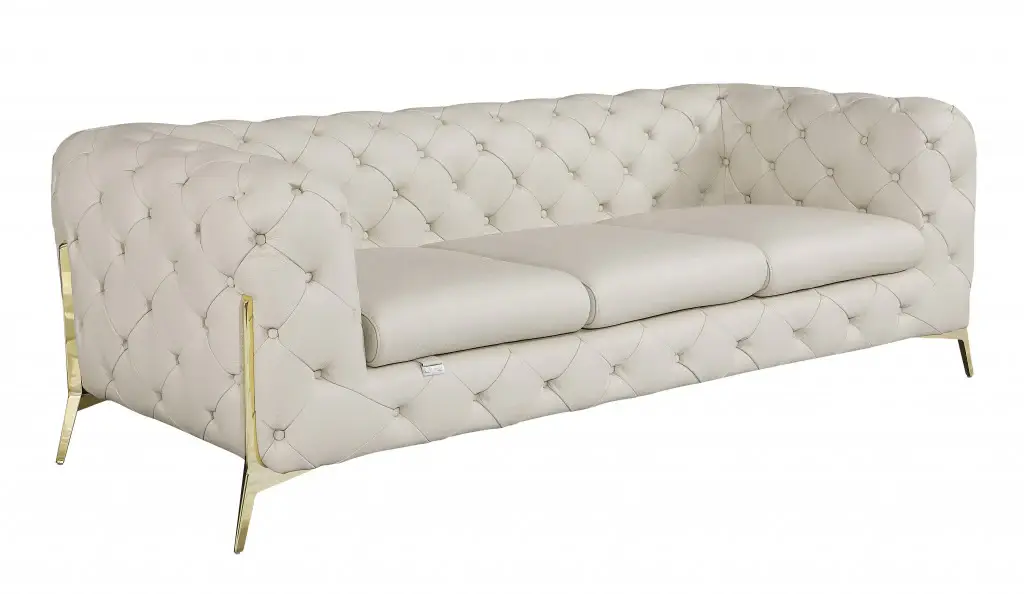 93" Beige Italian Leather Chesterfield Sofa With Silver Legs - Image 3