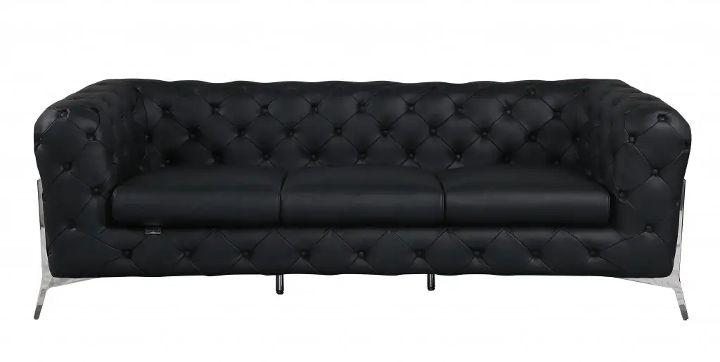 93" Black Italian Leather Chesterfield Sofa With Silver Legs - Image 2