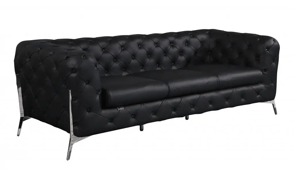 93" Black Italian Leather Chesterfield Sofa With Silver Legs - Image 3