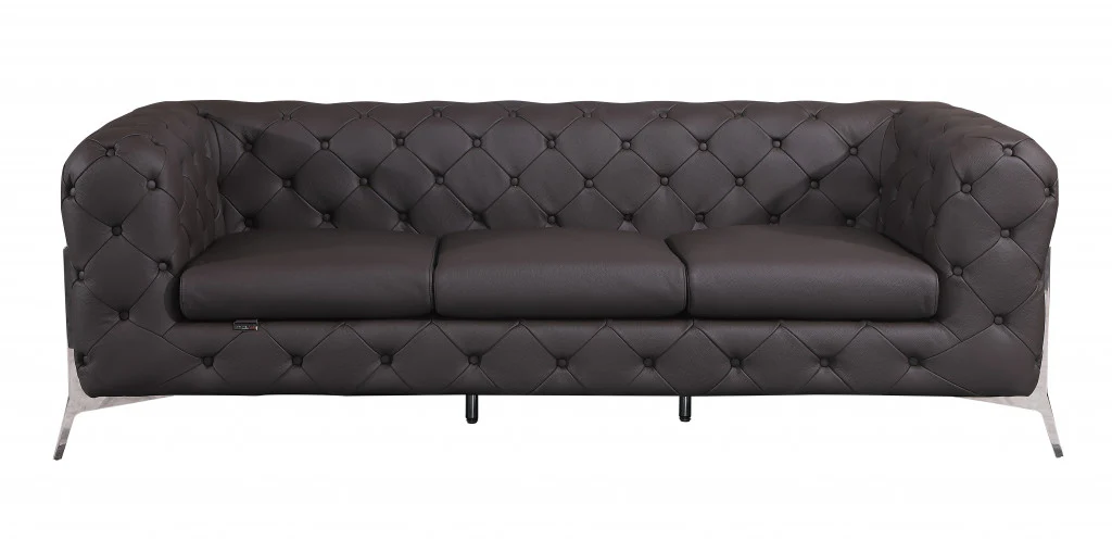 93" Brown Italian Leather Chesterfield Sofa With Silver Legs - Image 2