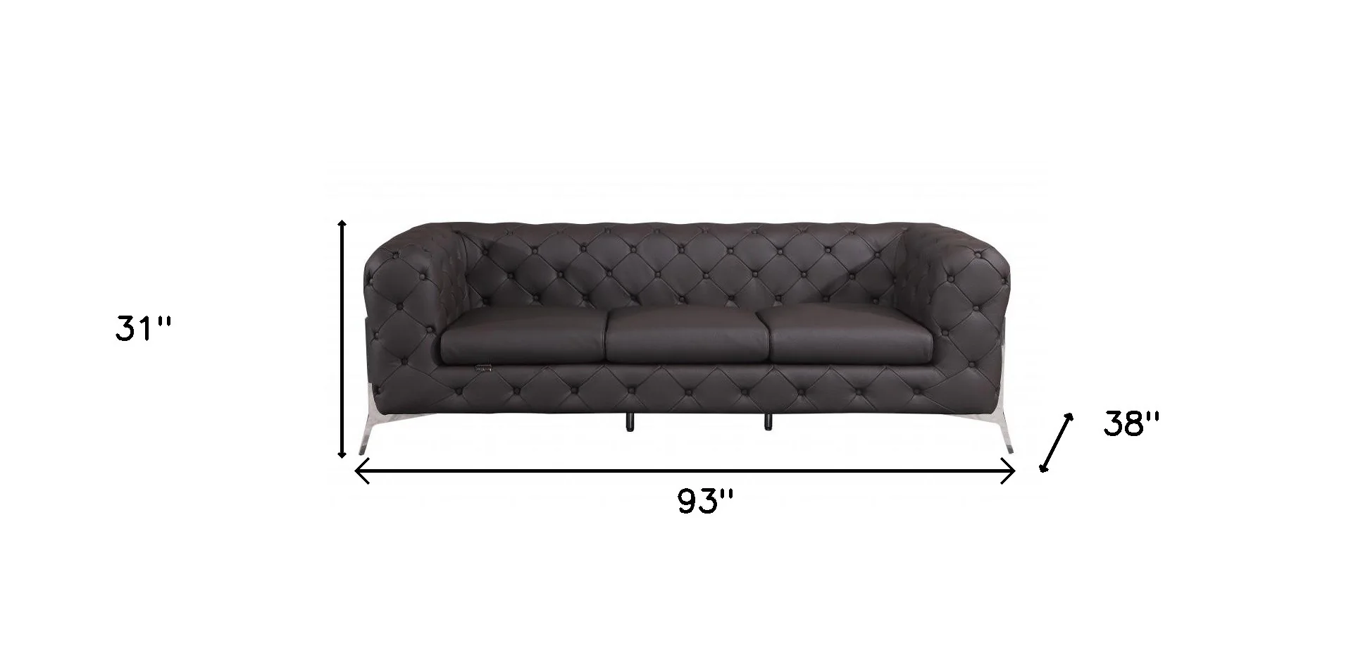 93" Brown Italian Leather Chesterfield Sofa With Silver Legs - Image 7