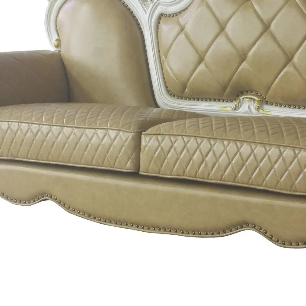 93" Golden Brown Faux Leather Sofa And Toss Pillows With Pearl Legs - Image 3